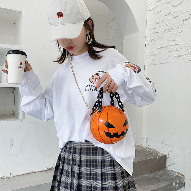 Halloween Cartoon Pumpkin Ball Handbags With Chain Personality Creative Funny Shoulder Bags For Kids Women